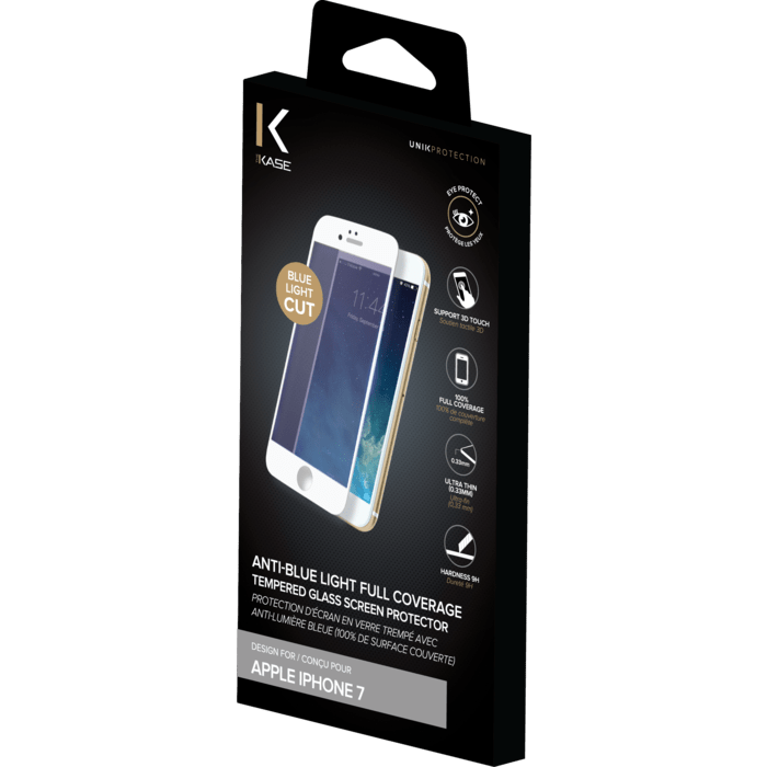 Protection d'écran en verre trempé avec Anti-lumière bleue (100% de surface couverte) pour iPhone 7, Blanc