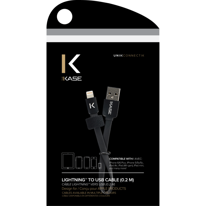 Câble Lightning Plat vers USB (0.2m), Noir de Jais