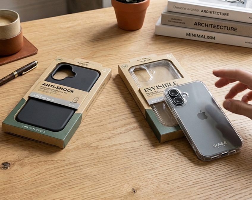 Coques The Kase dans leur emballage sur une table en bois