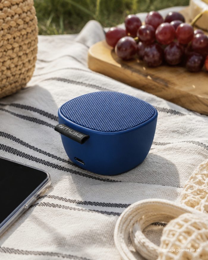 Enceinte bleue The Kase sur une nappe de pique-nique