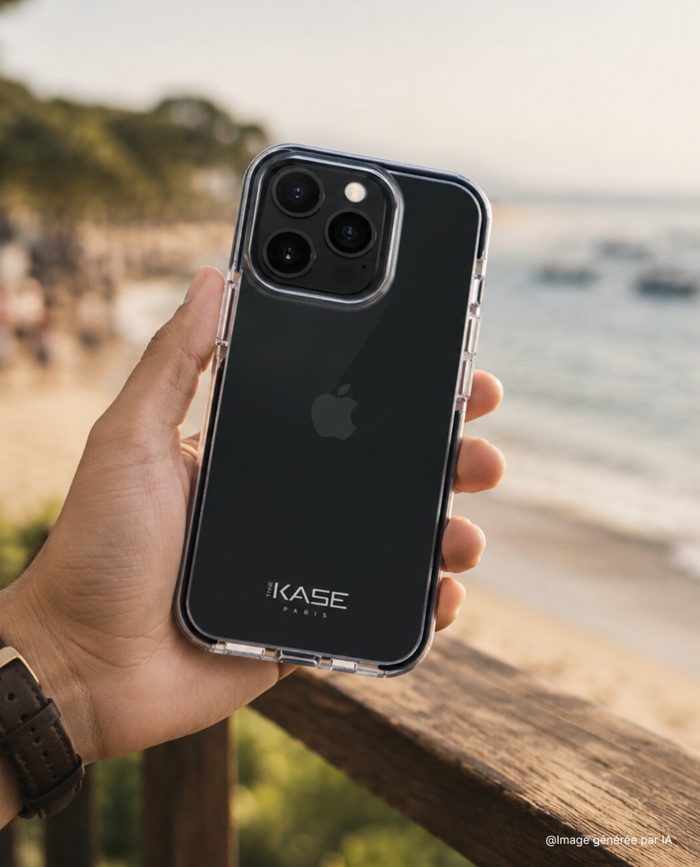 Coque transparente The Kase sur un iPhone, en bord de mer