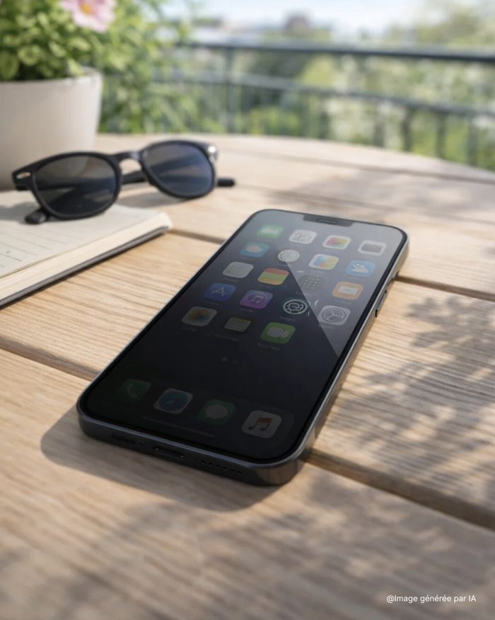 Smartphone avec protection d’écran sur une terrasse