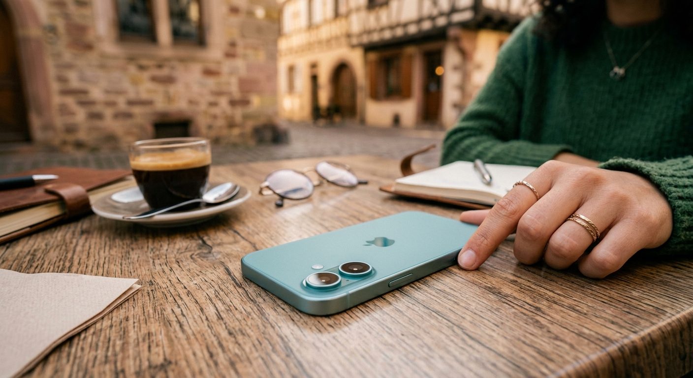Smartphone reconditionné posé sur une table en bois