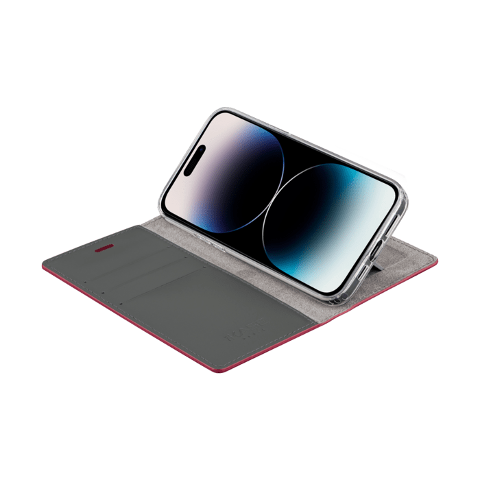 Diarycase 2.0 Coque clapet en cuir v&eacute;ritable avec support aimant&eacute; pour Apple iPhone 14 Pro, Rouge Bordeaux
