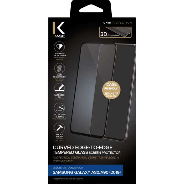 Protection d'&eacute;cran en verre tremp&eacute; Bord &agrave; Bord Incurv&eacute; pour Samsung Galaxy A80 2019, Noir