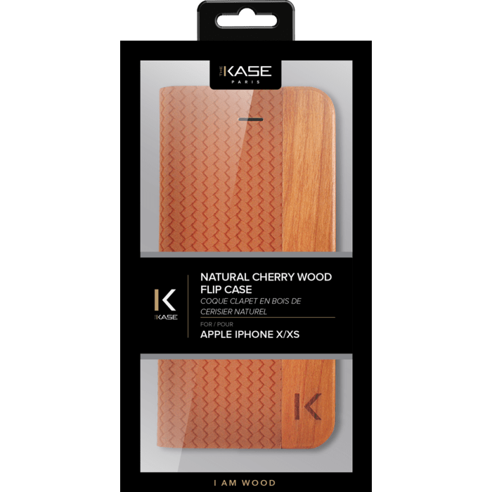 Etui &agrave; rabat pour Apple iPhone X / XS, marron et cerisier naturel