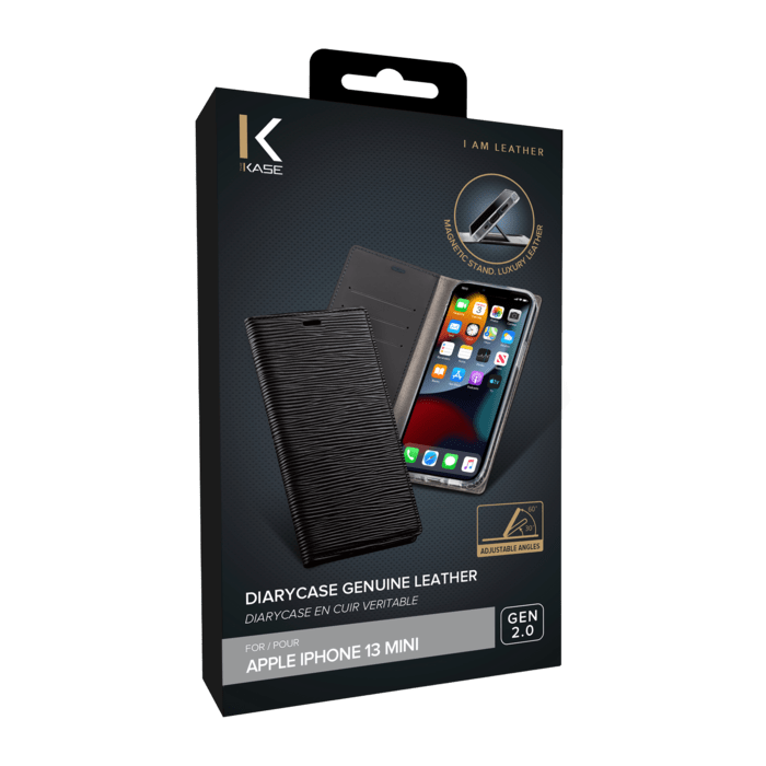 Diarycase 2.0 Coque clapet en cuir véritable avec support aimanté pour Apple iPhone 13 mini, Noir Minuit