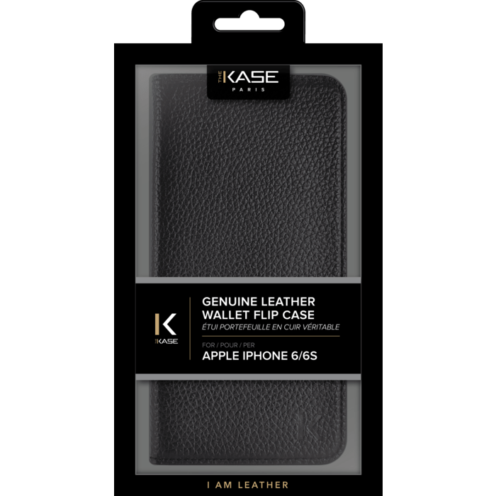 Étui portefeuille en cuir véritable pour Apple iPhone 6/6s, cuir de Veau Shrunken Noir