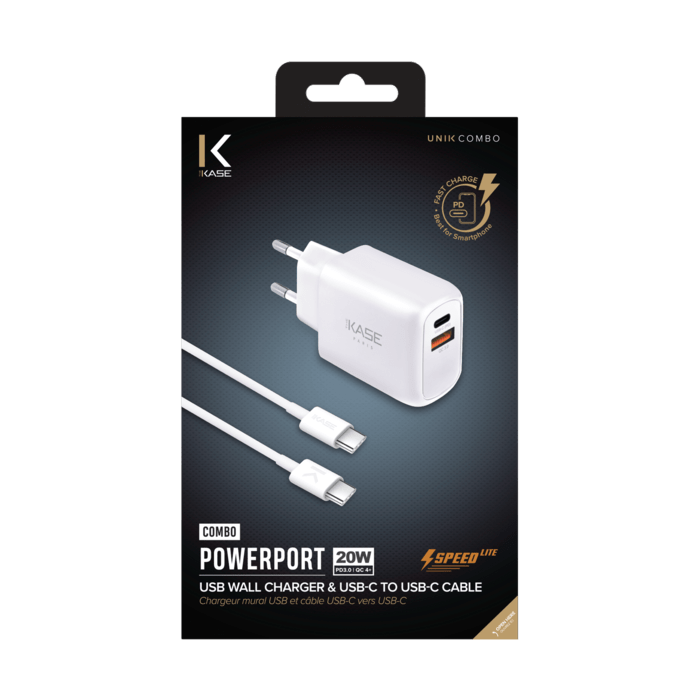 Chargeur mural PowerPort Speed LITE 20 W double USB UE + câble de charge/synchronisation rapide USB-C vers USB-C, blanc