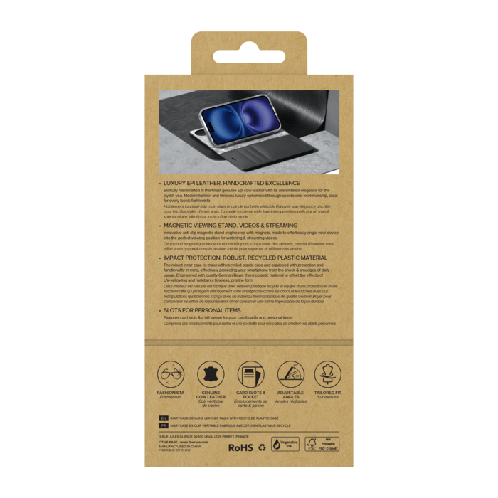 Diarycase 2.0 Coque clapet en cuir v&eacute;ritable avec support aimant&eacute; et fabriqu&eacute; avec un &eacute;tui en plastique recycl&eacute; pour Apple iPhone 16, Noir Minuit