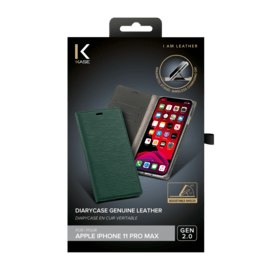 Diarycase 2.0 Etui à rabat en cuir véritable avec support magnétique pour Apple iPhone 11 Pro Max, Vert minuit