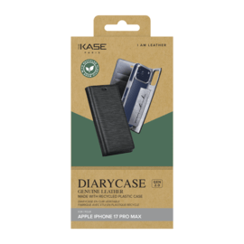 Diarycase 2.0 Coque clapet en cuir v&eacute;ritable avec support aimant&eacute; et fabriqu&eacute; avec un &eacute;tui en plastique recycl&eacute; pour Apple iPhone 17 Pro Max, Noir Minuit