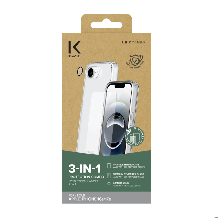 Pack combin&eacute; 3 en 1 (Coque hybride invisible, &Eacute;cran en verre tremp&eacute; de qualit&eacute; sup&eacute;rieure et Protecteur de l&rsquo;objectif de la cam&eacute;ra) pour Apple iPhone 16e/17e, Transparente
