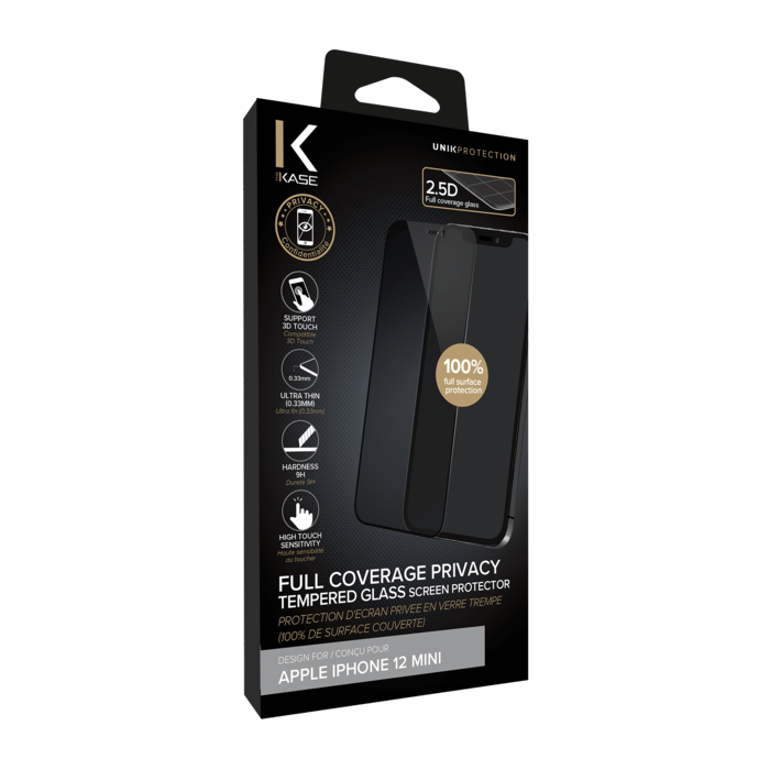 Protection d'&eacute;cran Priv&eacute;e en verre tremp&eacute; (100% de surface couverte) pour Apple iPhone 12 mini, Noir