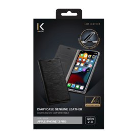 Diarycase 2.0 Coque clapet en cuir v&eacute;ritable avec support aimant&eacute; pour Apple iPhone 13 Pro, Noir Minuit