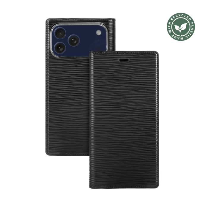 Diarycase 2.0 Coque clapet en cuir v&eacute;ritable avec support aimant&eacute; et fabriqu&eacute; avec un &eacute;tui en plastique recycl&eacute; pour Apple iPhone 17 Pro, Noir Minuit