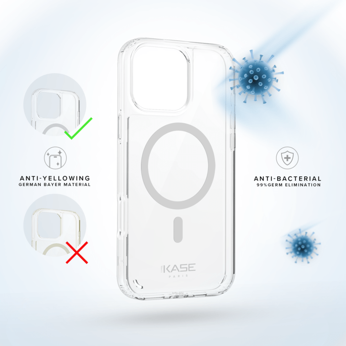Coque antibact&eacute;rienne antichoc magn&eacute;tique invisible Fabriqu&eacute; Avec du 75% Plastique Recycl&eacute; pour Apple iPhone 16 Pro Max, Transparente