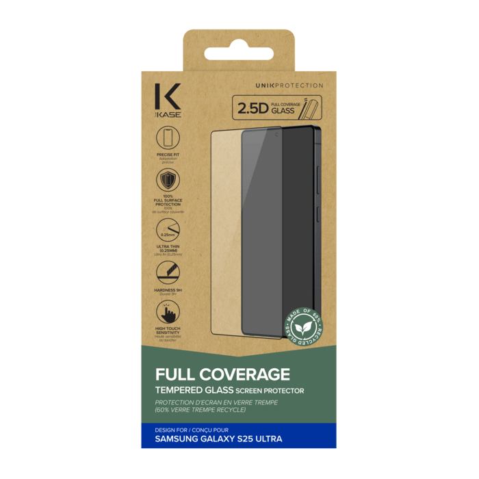 Protection d'&eacute;cran en verre tremp&eacute; (60% verre tremp&eacute; recycl&eacute;) pour Samsung Galaxy S25 Ultra 5G, Noir