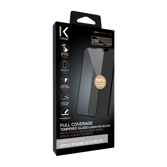 Protection d'écran en verre trempé (100% de surface couverte) pour Apple iPhone 13/ 13 Pro/ 14, Noir