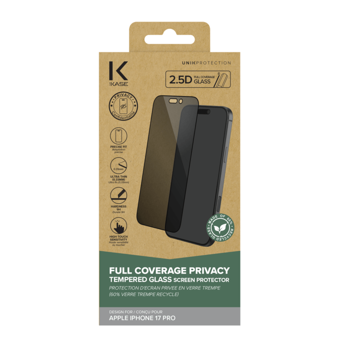 Protection d'&eacute;cran Priv&eacute;e en verre tremp&eacute; (60% verre tremp&eacute; recycl&eacute;) pour Apple iPhone 17 Pro, Noir