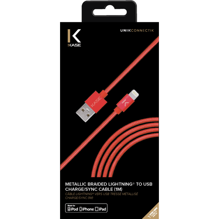 Câble Lightning vers USB tressé métallisé certifié MFi Apple Charge/Sync (1M), Rouge