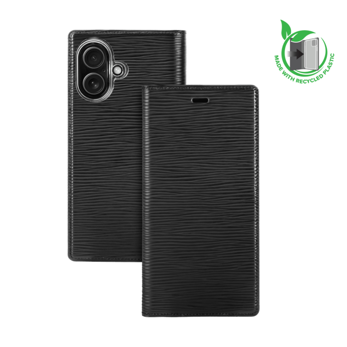 Diarycase 2.0 Coque clapet en cuir v&eacute;ritable avec support aimant&eacute; et fabriqu&eacute; avec un &eacute;tui en plastique recycl&eacute; pour Apple iPhone 16, Noir Minuit