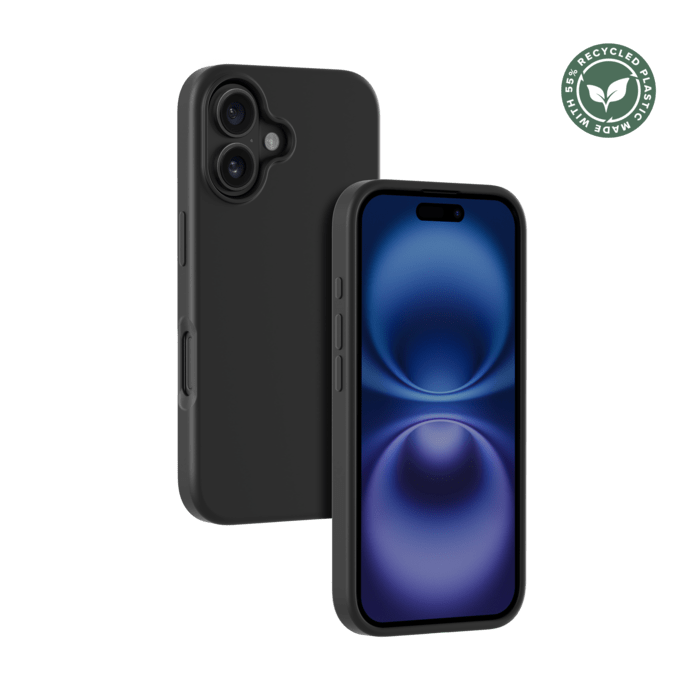 Coque antichoc en gel de silicone doux pour 55% de plastique recycl&eacute; Apple iPhone 16 Plus, Noir satin