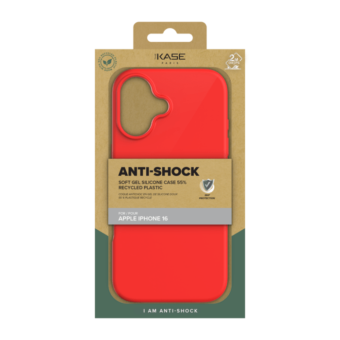Coque antichoc en gel de silicone doux pour 55% de plastique recycl&eacute; Apple iPhone 16, Rouge Ardent