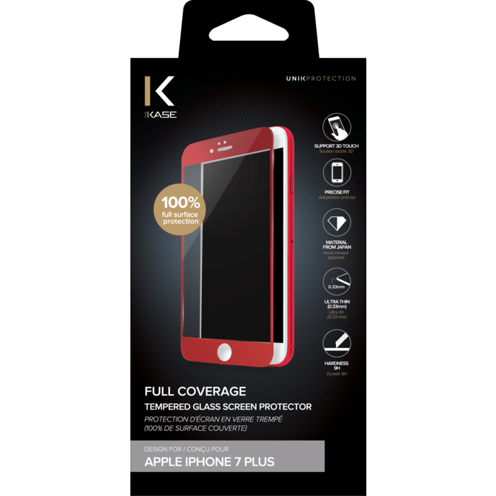 Protection d'écran en verre trempé (100% de surface couverte) pour iPhone 7 Plus, Rouge