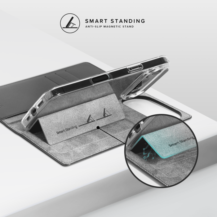 Diarycase 2.0 Coque clapet en cuir v&eacute;ritable avec support aimant&eacute; et fabriqu&eacute; avec un &eacute;tui en plastique recycl&eacute; pour Apple iPhone Air, Noir Minuit