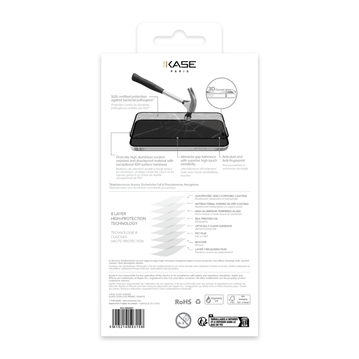 Protection d&rsquo;&eacute;cran antibact&eacute;rienne en verre tremp&eacute; ultra-r&eacute;sistant &agrave; bords incurv&eacute;s pour Apple iPhone 15, Noir