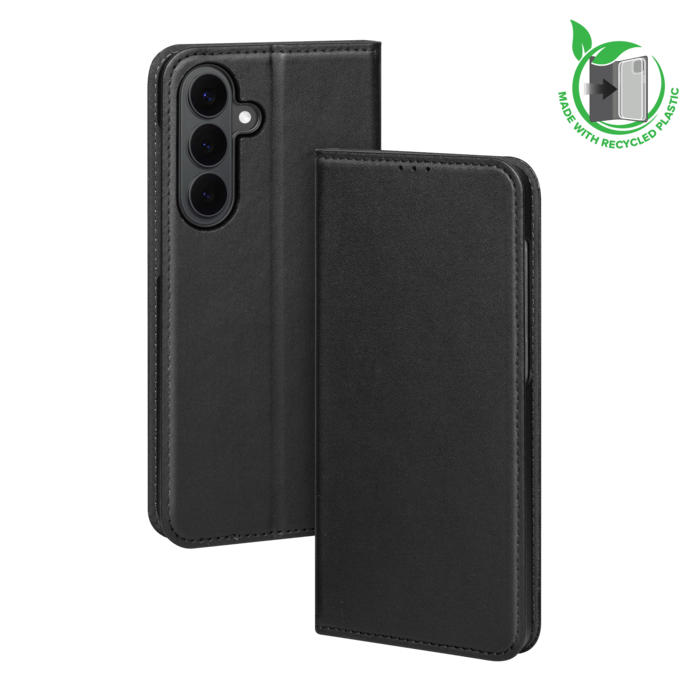 Coque clapet folio avec fente pour cartes & support fabriqu&eacute; avec &eacute;tui en plastique recycl&eacute; Pour Samsung Galaxy S26 5G, Noir