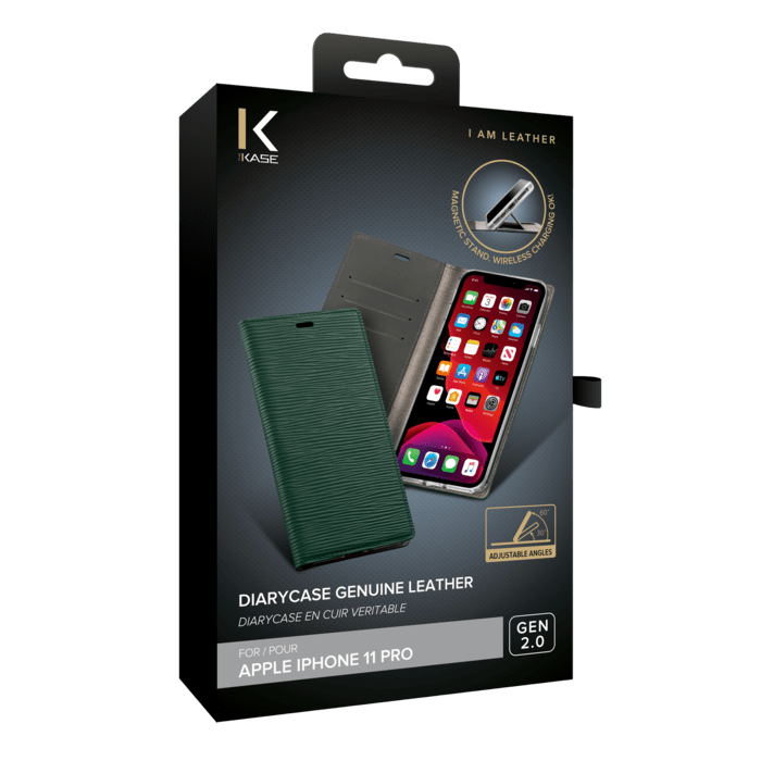 Diarycase 2.0 Genuine Leather flip case with magnetic stand for Apple iPhone 11 Pro, Midnight Green