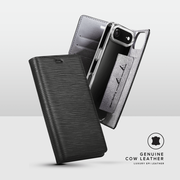 Diarycase 2.0 Coque clapet en cuir v&eacute;ritable avec support aimant&eacute; et fabriqu&eacute; avec un &eacute;tui en plastique recycl&eacute; pour Apple iPhone Air, Noir Minuit