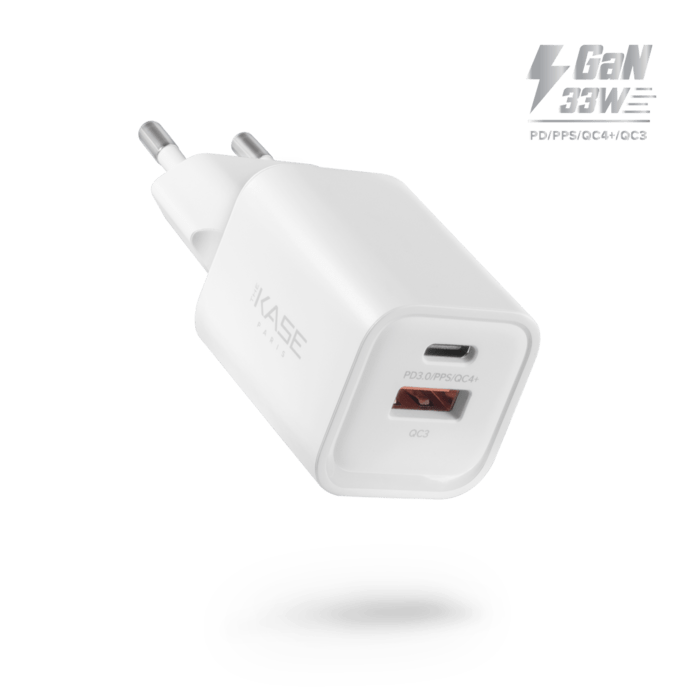 Chargeur Mural Double Port Supreme Power GaN Fabriqu&eacute; Avec du 100% Plastique Recycl&eacute; - 33 W (PPS), Blanc