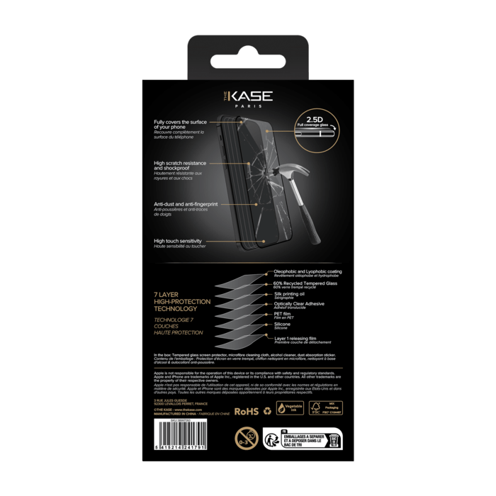 Protection d'&eacute;cran en verre tremp&eacute; (60% verre tremp&eacute; recycl&eacute;) pour Apple iPhone 13/ 13 Pro/ 14, Noir