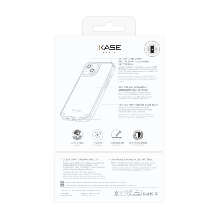 Coque antibact&eacute;rienne antichoc hybride invisible Fabriqu&eacute; Avec du 83% Plastique Recycl&eacute; pour Apple iPhone 13, Transparente