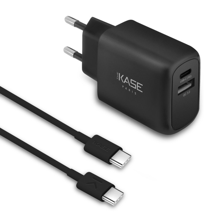 Chargeur mural PowerPort Speed LITE 20 W double USB UE + c&acirc;ble de charge/synchronisation rapide USB-C vers USB-C, noir