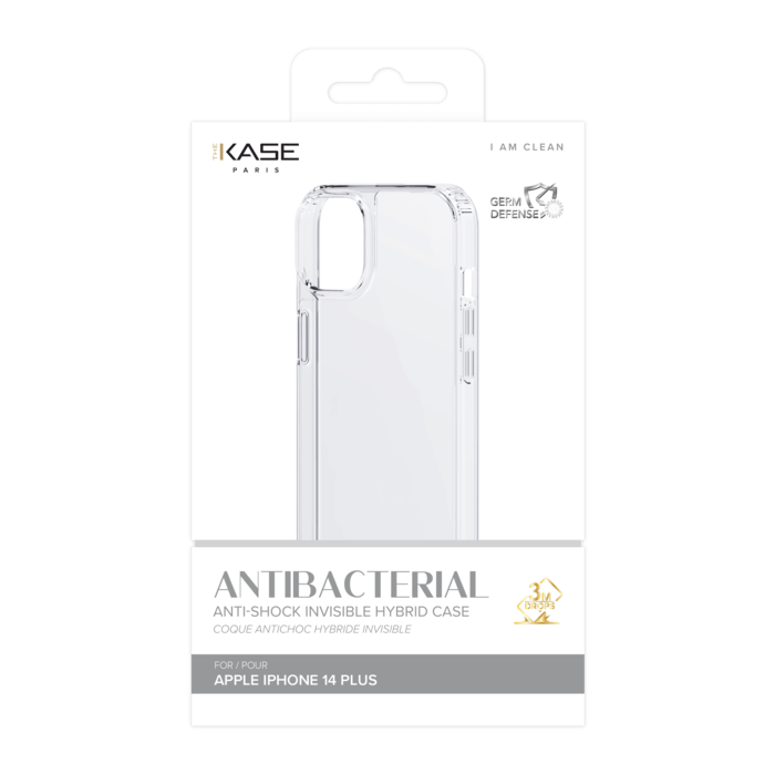 Coque antibact&eacute;rienne antichoc hybride invisible pour Apple iPhone 14 Plus, Transparente