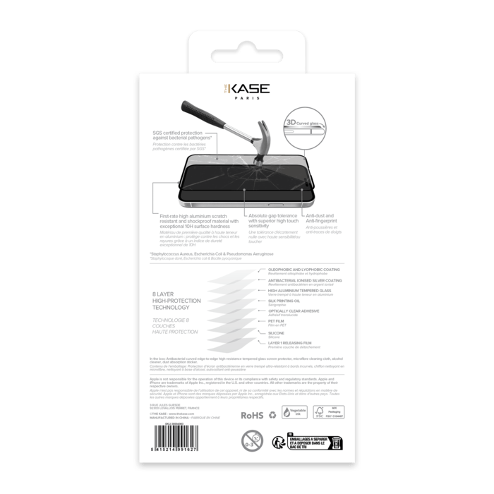 Protection d&rsquo;&eacute;cran antibact&eacute;rienne en verre tremp&eacute; ultra-r&eacute;sistant &agrave; bords incurv&eacute;s pour Apple iPhone 15 Pro Max, Noir