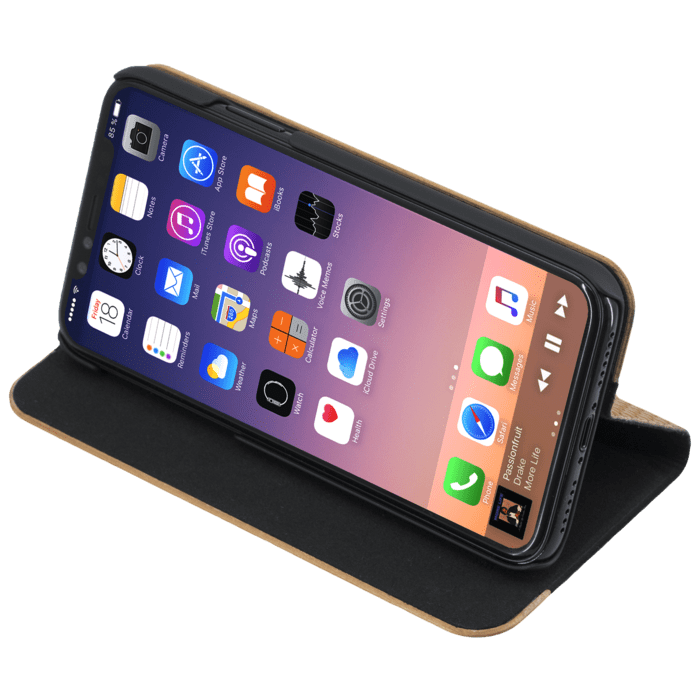 Etui &agrave; rabat pour Apple iPhone X / XS, marron et cerisier naturel