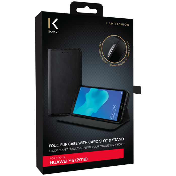 Coque clapet folio avec fente pour cartes & support pour Huawei Y5 (2018) , Noir