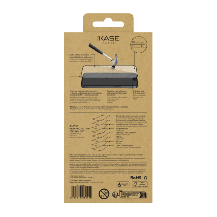 Protection d&rsquo;&eacute;cran antibact&eacute;rienne en verre tremp&eacute; ultra-r&eacute;sistant &agrave; bords incurv&eacute;s (60% verre tremp&eacute; recycl&eacute;) pour Apple iPhone 16, Noir