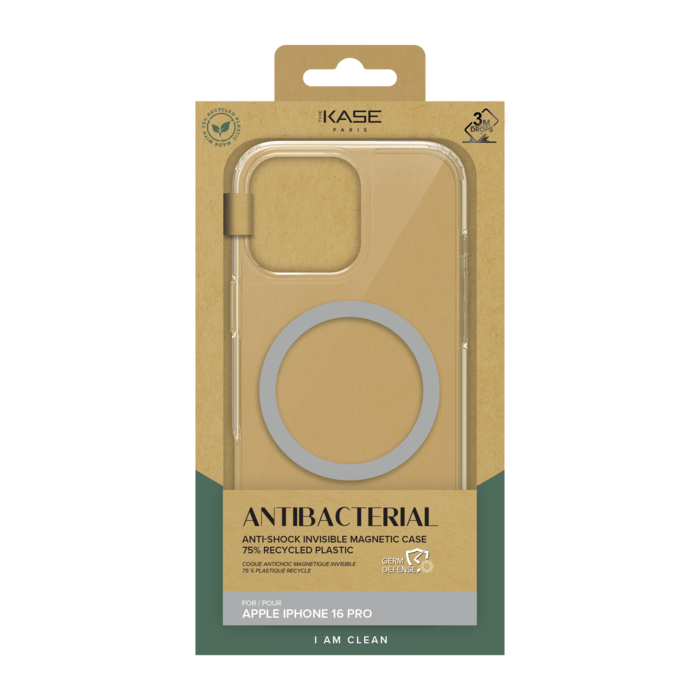 Coque antibact&eacute;rienne antichoc magn&eacute;tique invisible Fabriqu&eacute; Avec du 75% Plastique Recycl&eacute; pour Apple iPhone 16 Pro, Transparente