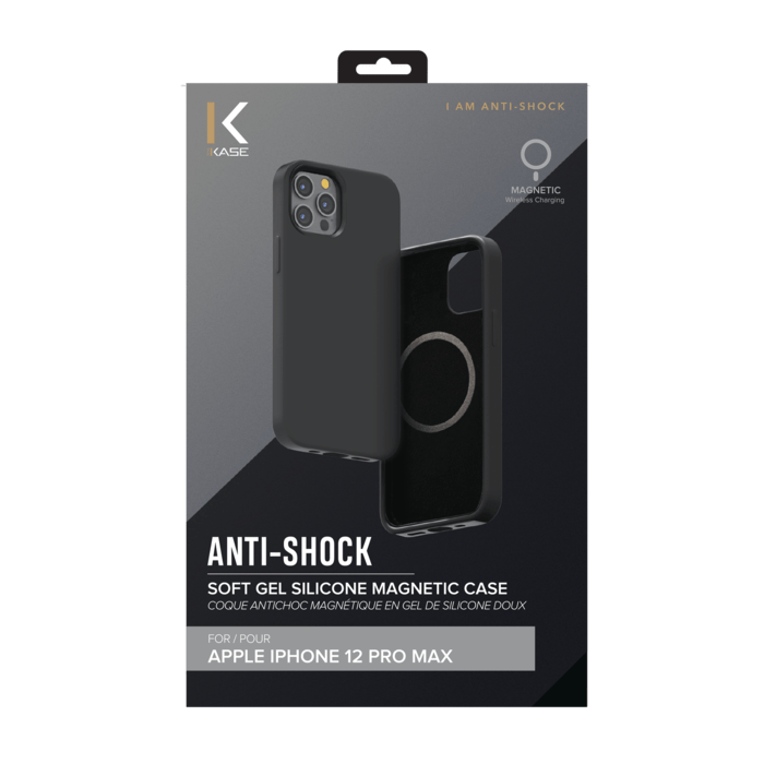 Coque antichoc magn&eacute;tique en gel de silicone doux pour Apple iPhone 12 Pro Max, Noir satin