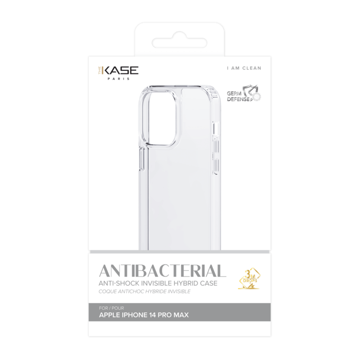 Coque antibactérienne antichoc hybride invisible pour Apple iPhone 14 Pro Max, Transparente