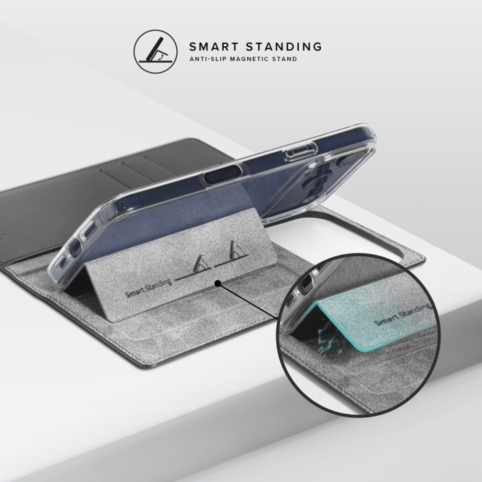 Diarycase 2.0 Coque clapet en cuir v&eacute;ritable avec support aimant&eacute; et fabriqu&eacute; avec un &eacute;tui en plastique recycl&eacute; pour Apple iPhone 17 Pro, Noir Minuit