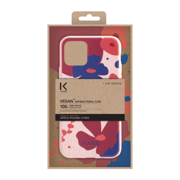 Coque antibact&eacute;rienne vegan bio 100 % z&eacute;ro d&eacute;chet pour Apple iPhone 11 Pro, Rose p&eacute;tunia