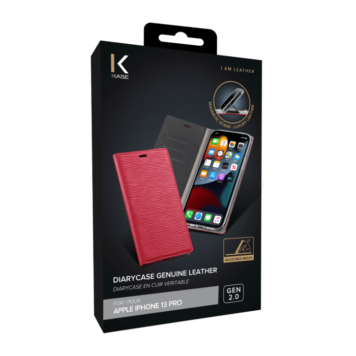 Diarycase 2.0 Custodia a portafoglio in vera pelle con supporto magnetico per Apple iPhone 13 Pro, Maroon Red