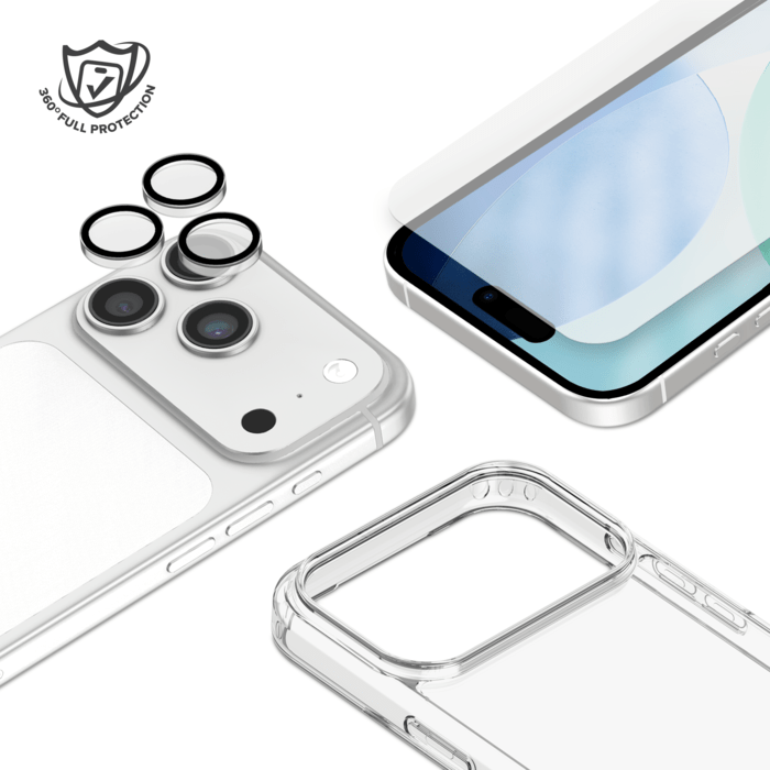 Pack combin&eacute; 3 en 1 (Coque Hybride Invisible, &Eacute;cran en Verre Tremp&eacute; de Qualit&eacute; Sup&eacute;rieure et Protecteur de l&rsquo;objectif de la cam&eacute;ra) pour Apple iPhone 17 Pro, Transparente